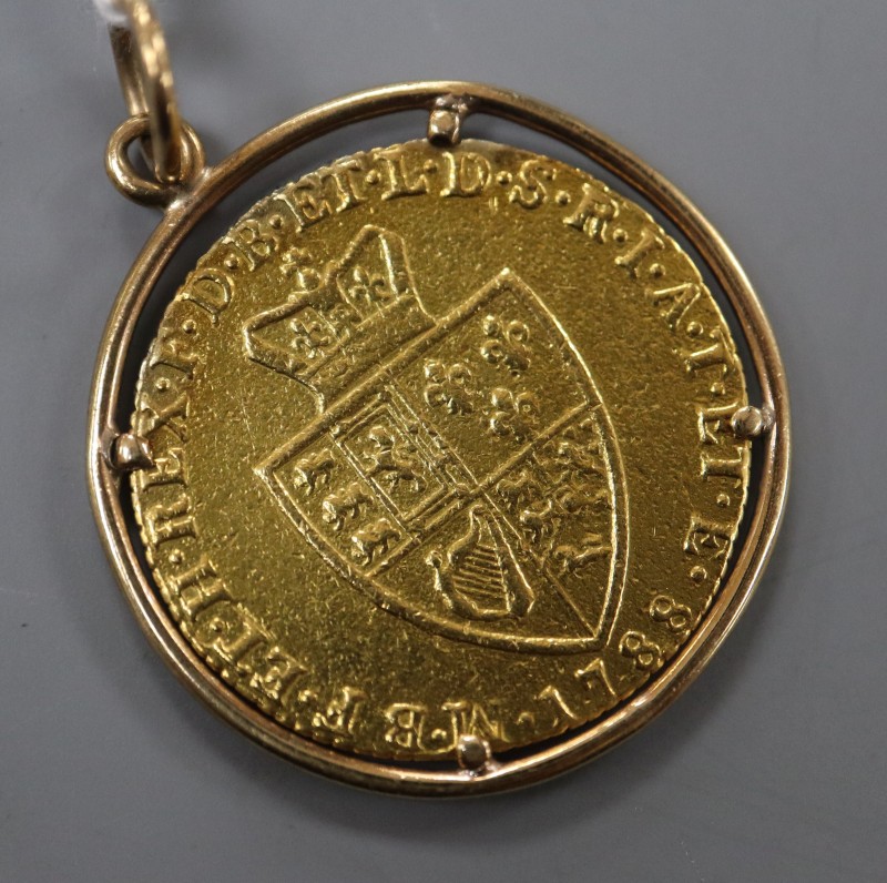 A George III 1788 spade guinea, in later yellow metal pendant mount, gross weight 9.9 grams.